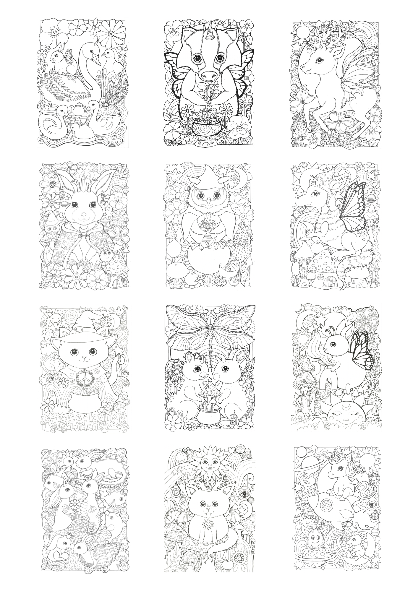 Colouring page pack - 12 unique designs